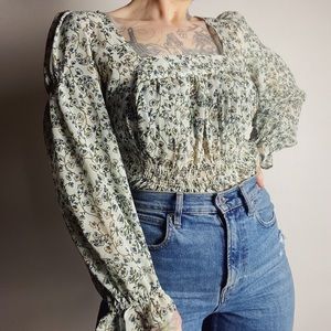 Anthropologie RANNA GIL Lutyens Floral Square Neck Top Green Blue Womens XS